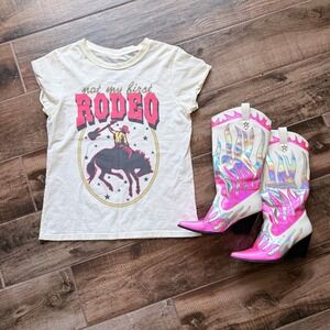 Recycled Karma Not My First Rodeo Distressed Graphic T-Shirt,Cream Pink, M(NWOT)